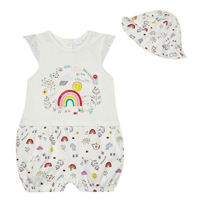 Baby girls' white rainbow print romper suit and hat set